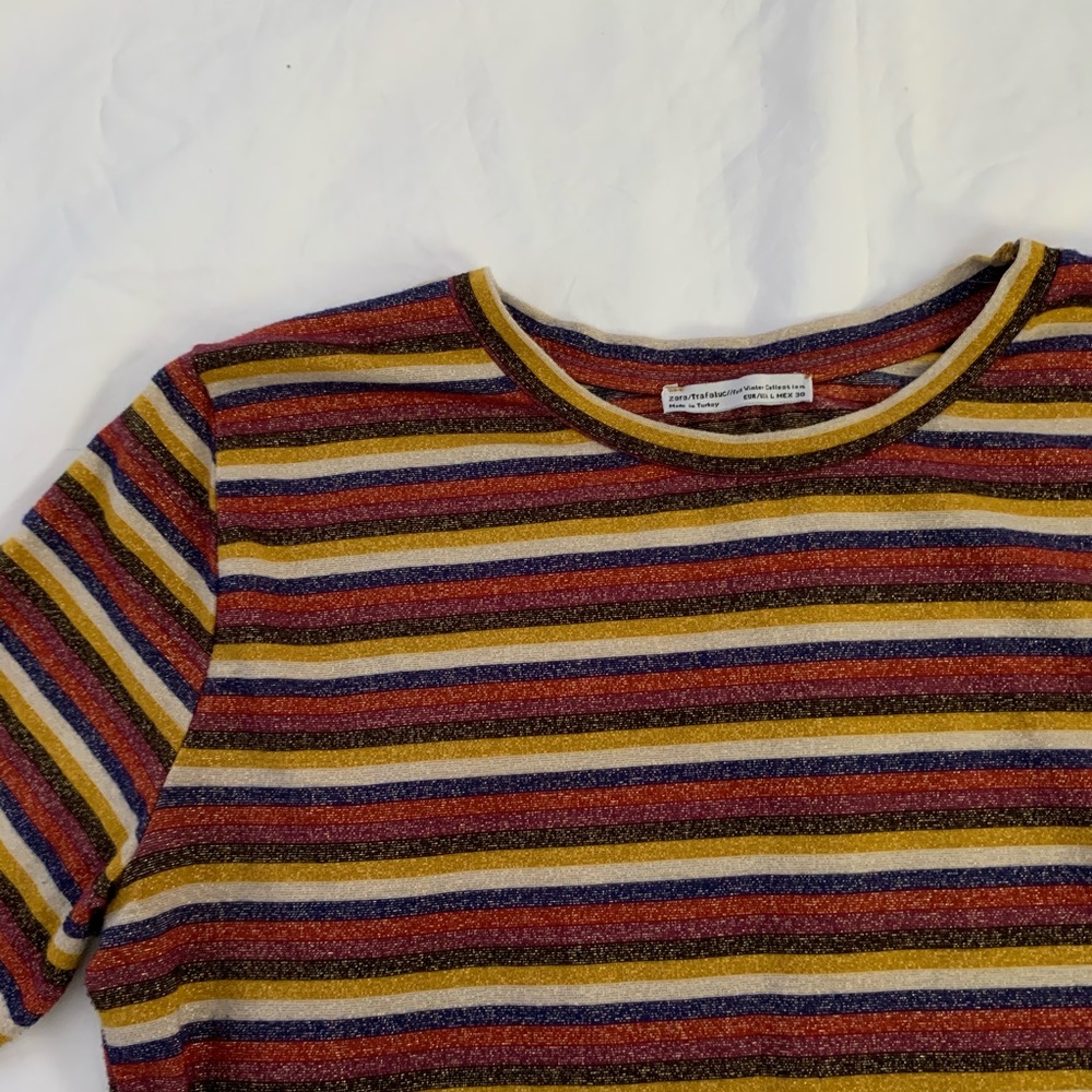 Zara Metallic Striped Short Sleeve Top